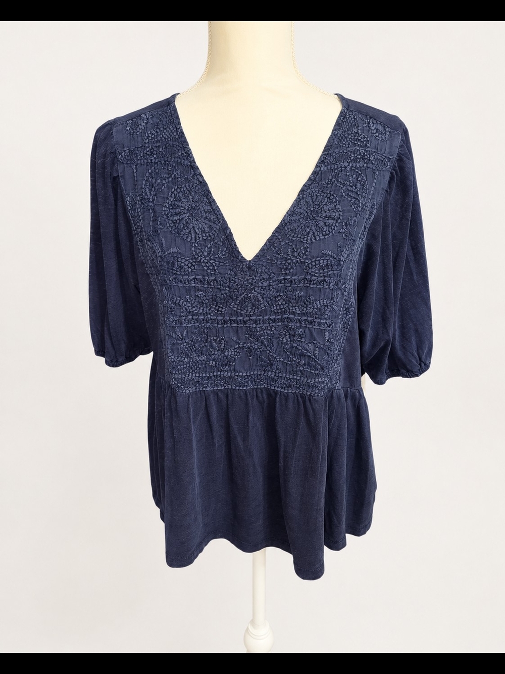 Lucky Brand Navy V-Neck Embroidered Peplum Blouse - Picture 2 of 7